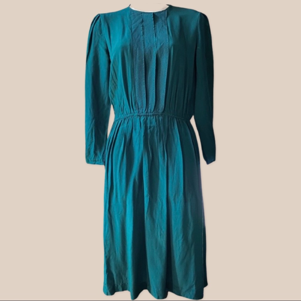 Joseph Magnin 100% Silk Vintage Longsleeve Dark Teal Midi Dress